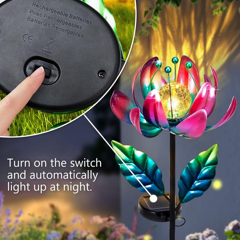 AIINY Store دوارات الرياح المعدنية الأرجوانية الشمسية، فن حديقة لوتس دوار ملون مع أضواء LED كريستالية، دعامات زخرفية لتمثال الزهور - Image 5